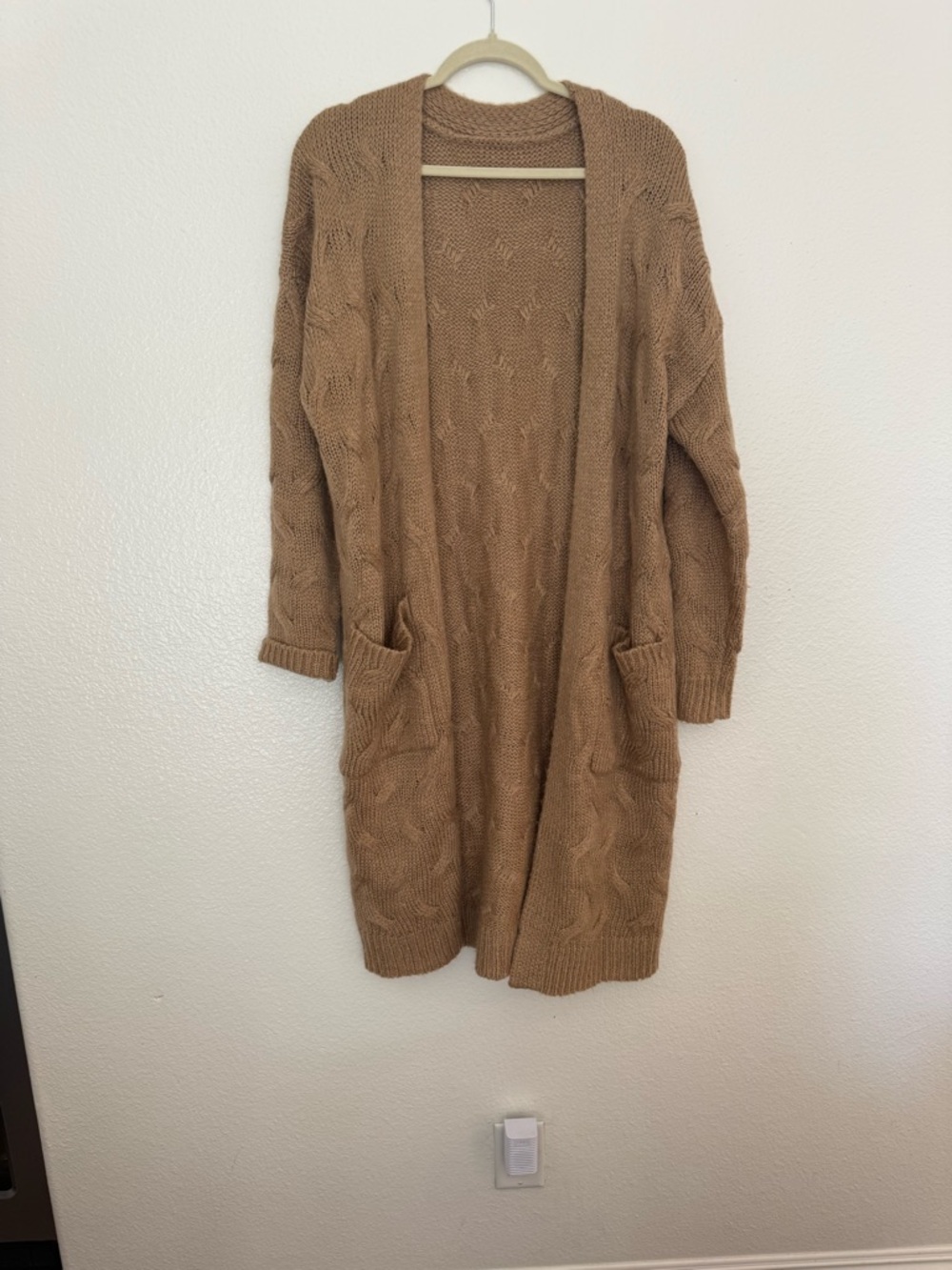 Long Open-Front Camel Cable Knit Cardigan Sweater